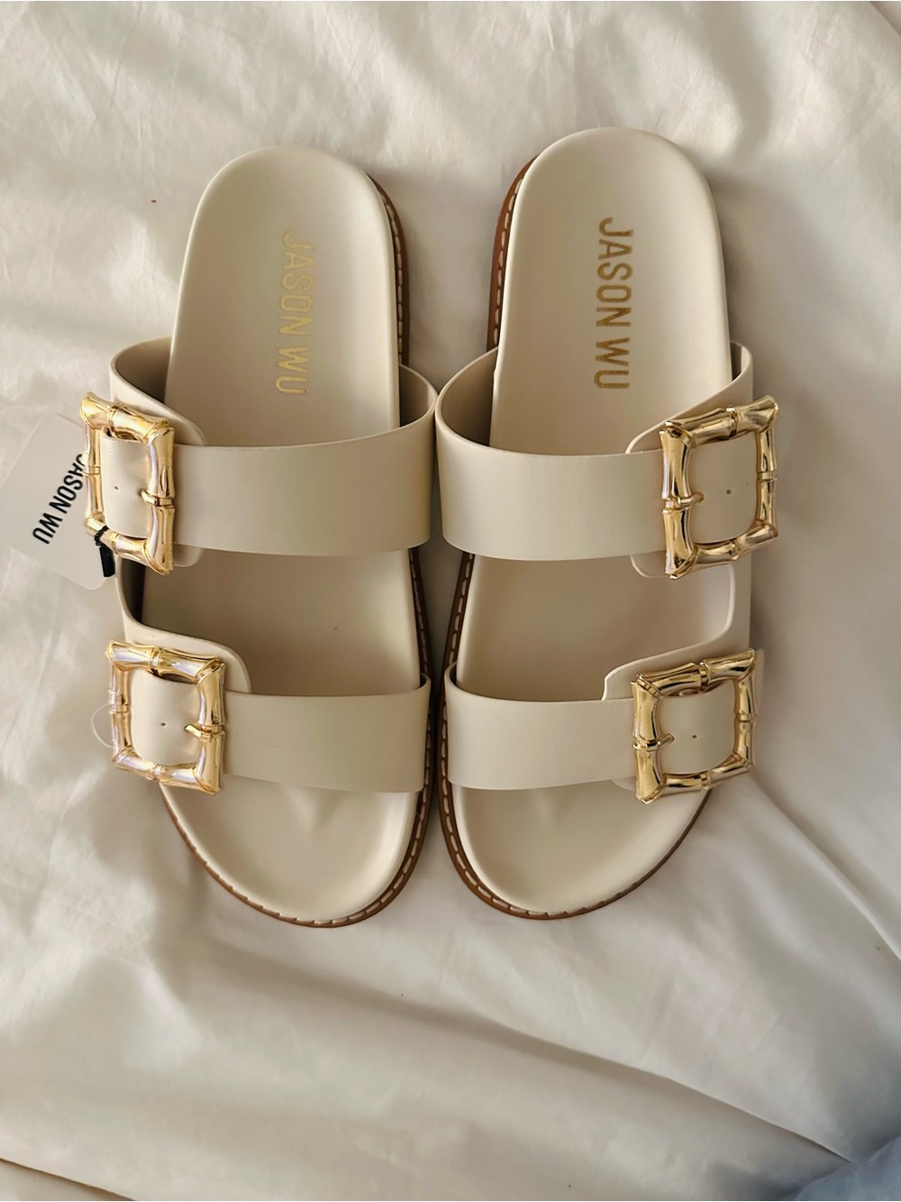 Jason Wu Cream Dual-Strap Sandals with Gold Buckles